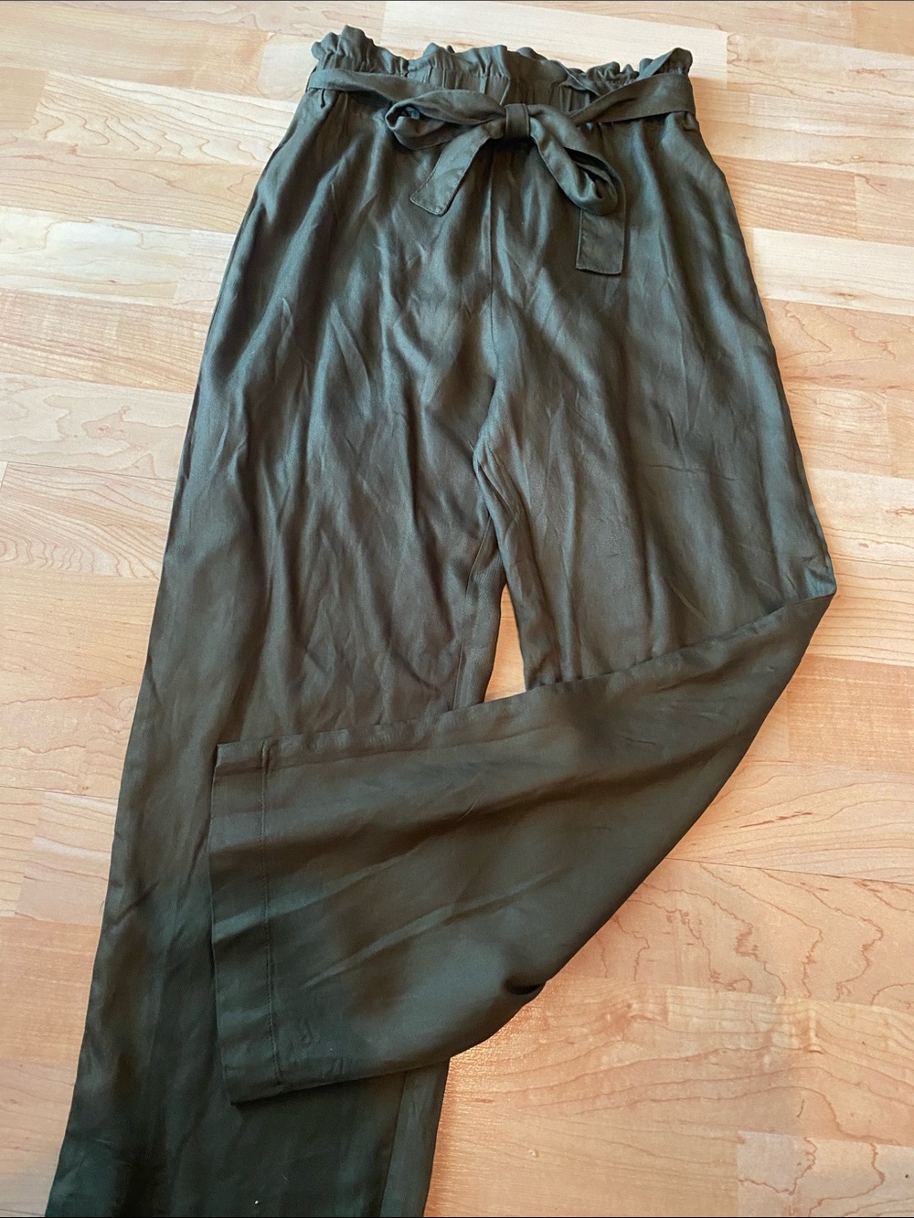 Girls Paperbag Waist Chinos in Olive Green with Self-Tie